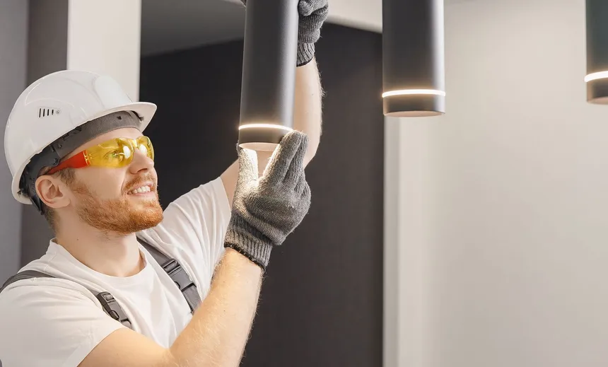 A worker fitting an exterior light on the side of a house