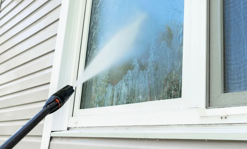 Water rinsing a house window and its white frame